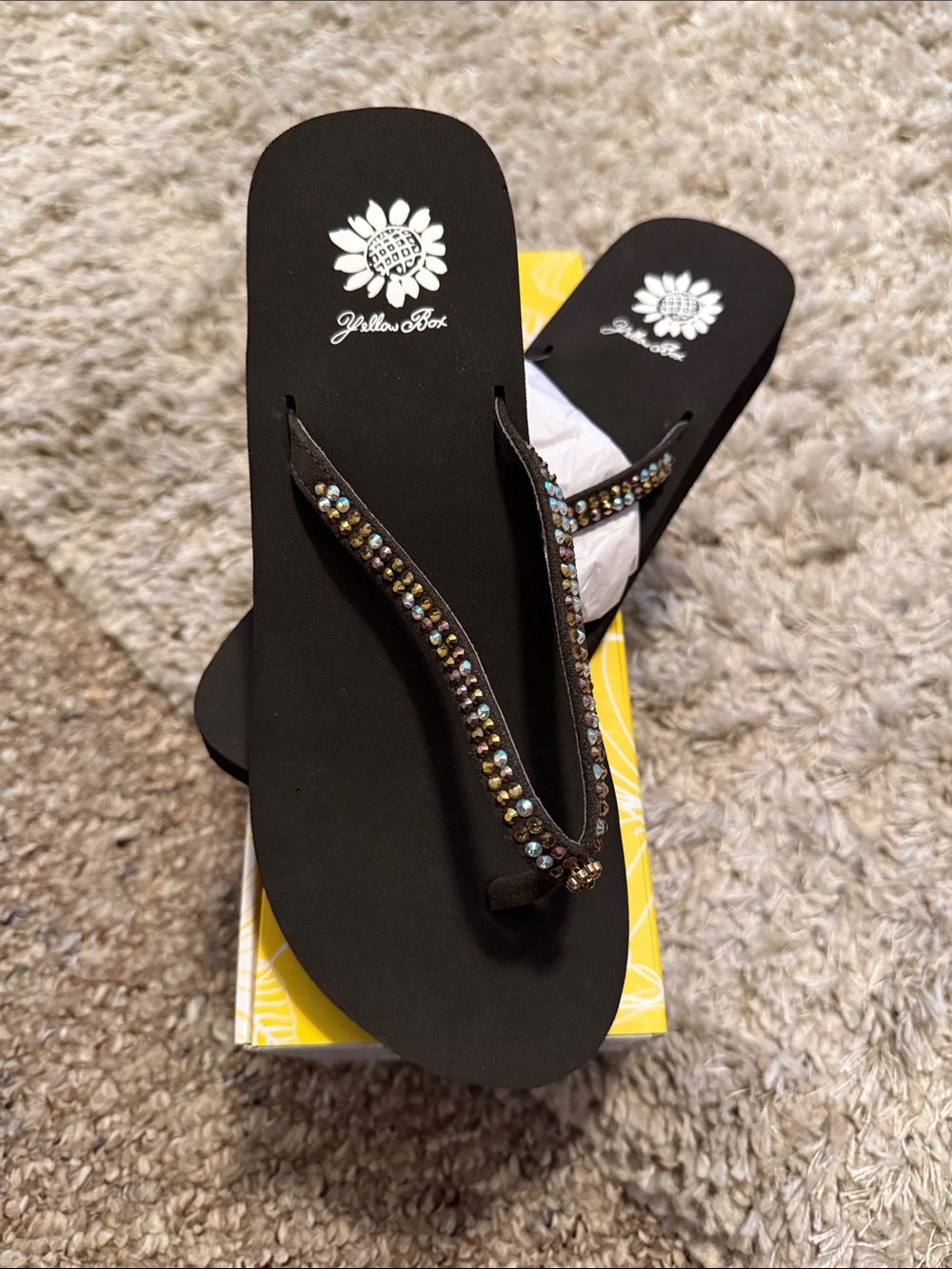 Yellow Box Black Jeweled Thong Sandals